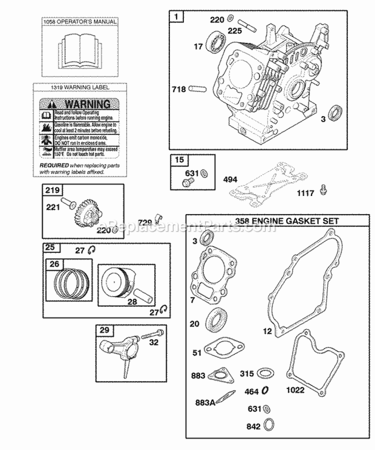Cylinder Gasket Set - Engine OperatorS Manual Piston Rings Connecting Rod Warning Label Diagram and Parts List for  Briggs and Stratton Engine
